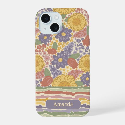 Personalized Name Floral Stripe Phone Case iPhone 15 Hülle (Rückseite)