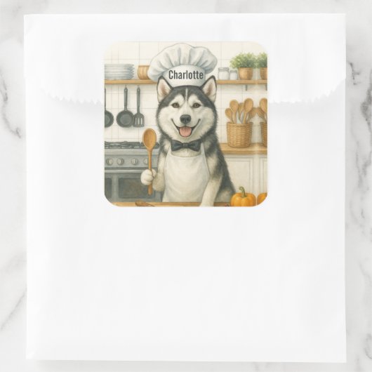 Personalized Name Funny Siberian Husky Dog Chef Quadratischer Aufkleber (Tasche)