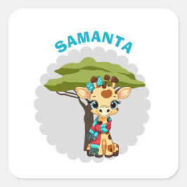  Personalized "Name" Giraffe in the Savanna Waterp Quadratischer Aufkleber