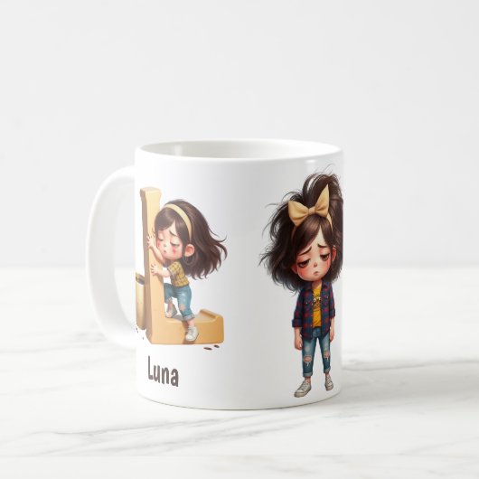 Personalized Name & L Sleepy Morning Plaid Charact Kaffeetasse (Vorderseite Links)