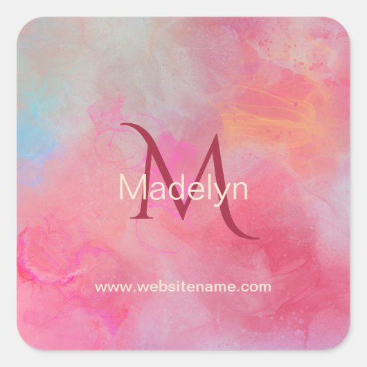 Personalized Name + Monogram Pink Watercolor Ink Quadratischer Aufkleber (Vorderseite)