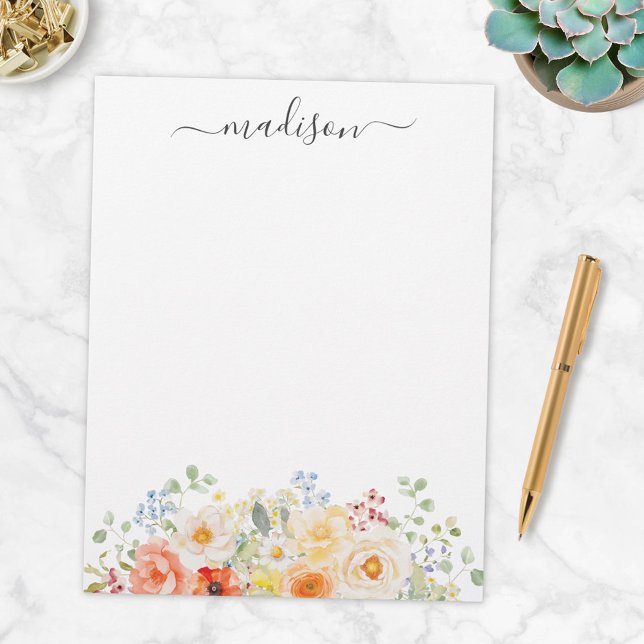 Personalized Name Monogram Watercolor Sunny Floral Briefbogen (Von Creator hochgeladen)
