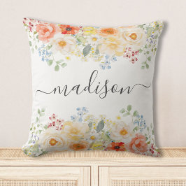 Personalized Name Monogram Watercolor Sunny Floral Kissen