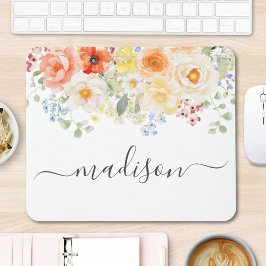 Personalized Name Monogram Watercolor Sunny Floral Mousepad