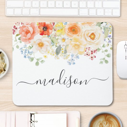 Personalized Name Monogram Watercolor Sunny Floral Mousepad