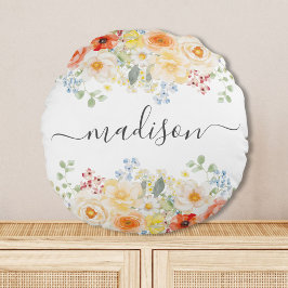 Personalized Name Monogram Watercolor Sunny Floral Rundes Kissen