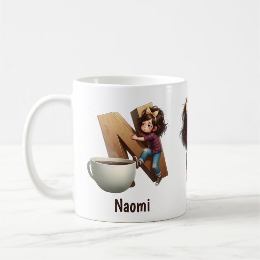 Personalized Name & N Sleepy Morning Plaid Charact Kaffeetasse (Links)