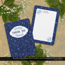 Personalized Name Navy Blue Floral Pattern, Blank Dankeskarte