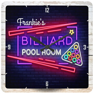 Personalized NAME Neon Style Billiards Pool Table Quadratische Wanduhr