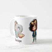 Personalized Name & P Sleepy Morning Plaid Charact Kaffeetasse (Vorderseite Links)
