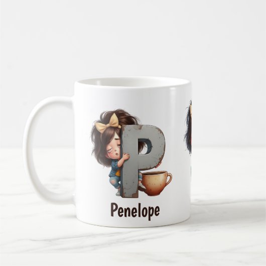 Personalized Name & P Sleepy Morning Plaid Charact Kaffeetasse (Links)