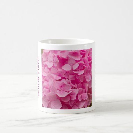 Personalized Name Pink Hydrangea Flower Photo Kaffeetasse (Mittel)