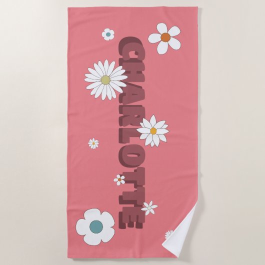 Personalized Name Pink Retro Style Flowers Strandtuch (Vorderseite)