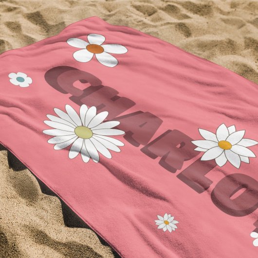 Personalized Name Pink Retro Style Flowers Strandtuch