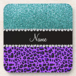 Personalized name purple leopard turquoise glitter untersetzer