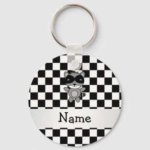 Personalized name raccoon black white checkers schlüsselanhänger