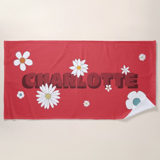 Personalized Name Red Retro Style Flowers Strandtuch (Vorderseite)