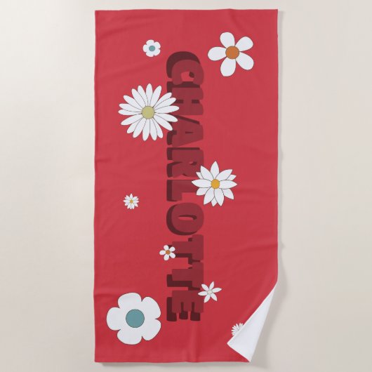 Personalized Name Red Retro Style Flowers Strandtuch (Vorderseite)