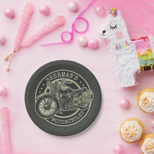 Personalized NAME Retro Military Motorcycle Biker Pappteller (Party)