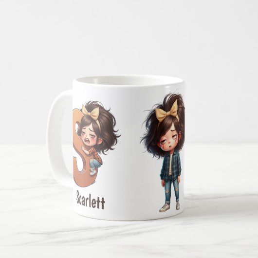Personalized Name & S Sleepy Morning Plaid Charact Kaffeetasse (Vorderseite Links)