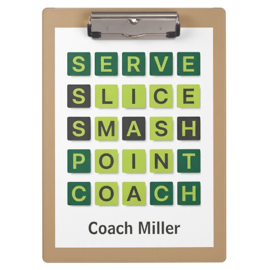 Personalized Name Tennis Coach Wordle Style Klemmbrett (Vorderseite)