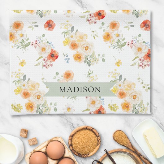 Personalized Name Watercolor Sunny Floral Pattern Geschirrtuch