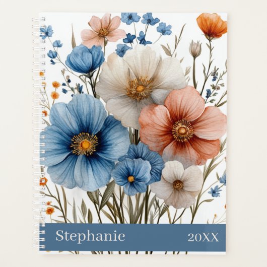 Personalized Name & Year Blue Wildflower Planer (Vorderseite)