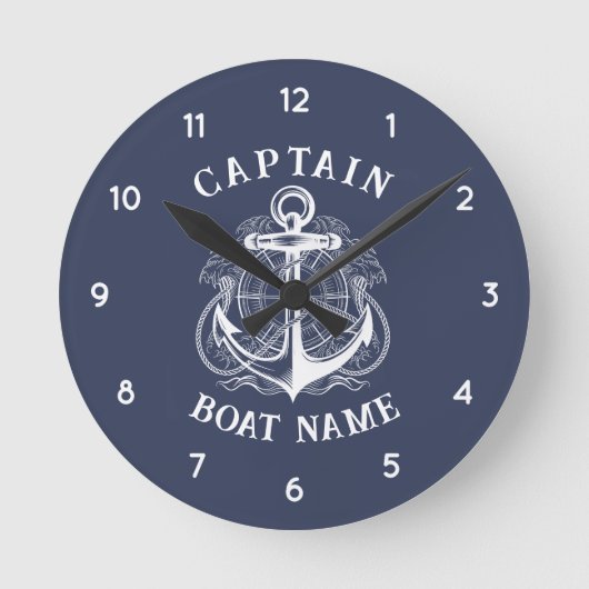 Personalized Nautical Captain Boat Name Anchor Runde Wanduhr (Vorderseite)