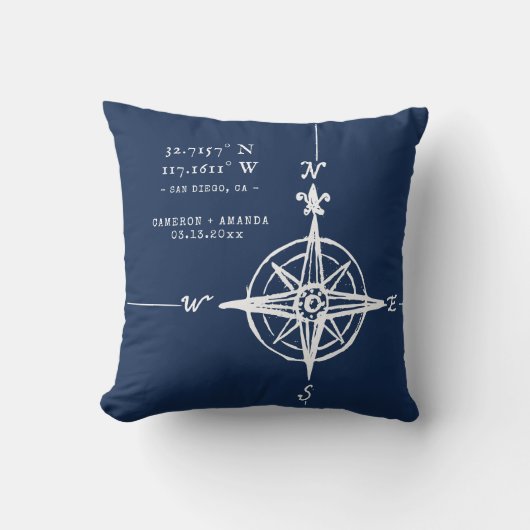 Personalized Nautical Coordinates & Compass Rose Kissen (Vorderseite)