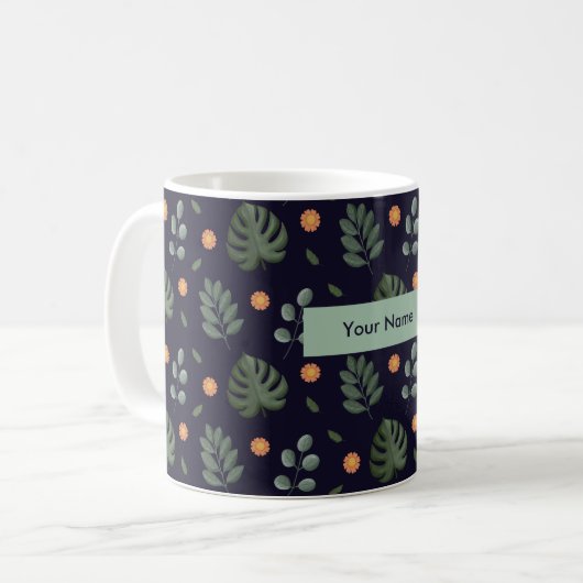 Personalized Navy Blue Botanical Floral Mug Kaffeetasse (Vorderseite Links)