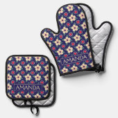 Personalized Navy Blue Floral Ofenhandschuh & Topflappen-Set (Vorderseite/Rückseite)