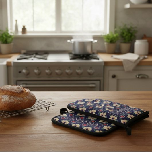 Personalized Navy Blue Floral Ofenhandschuh & Topflappen-Set