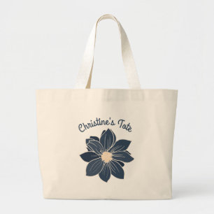 Personalized Navy Blue Flower Tote Bag Jumbo Stoffbeutel