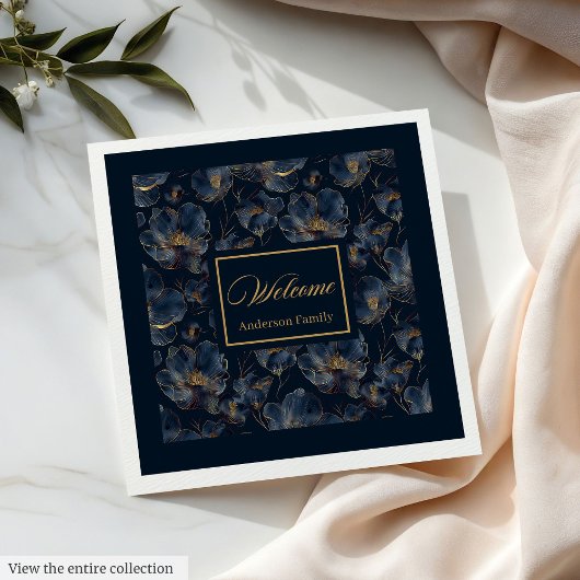 Personalized Navy Napkins Chic Gold Flower Gift Serviette