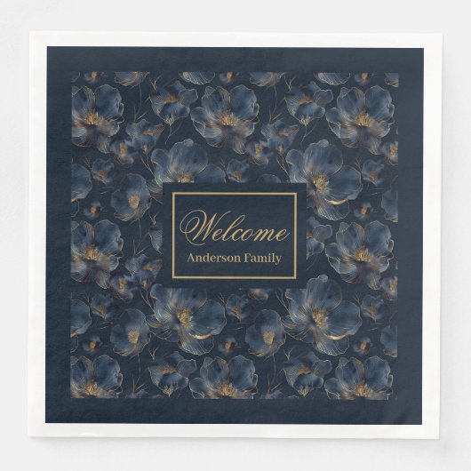 Personalized Navy Napkins Chic Gold Flower Gift Serviette (Vorderseite)