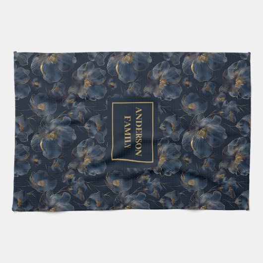 Personalized Navy Towel Chic Gold Flower Accent Geschirrtuch (Horizontal)