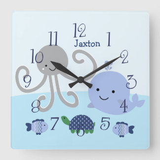 Personalized Ocean Blue Sea Life Baby Clock Quadratische Wanduhr