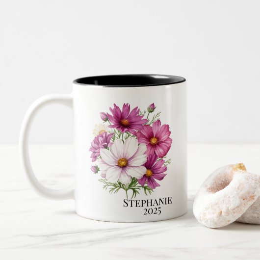 Personalized October Cosmos Birth Flower Mugs Zweifarbige Tasse (Mit Donut)