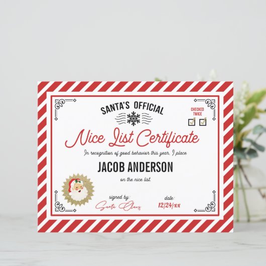 Personalized Official Santa Nice List Certificate (Stehend Vorderseite)