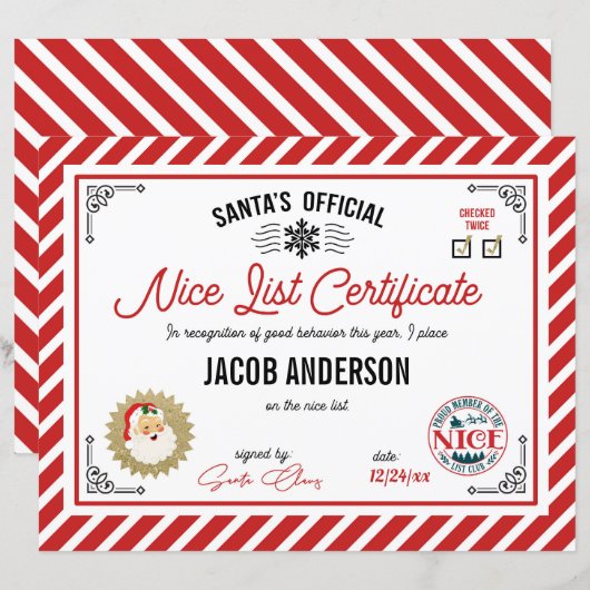 Personalized Official Santa Nice List Certificate (Vorne/Hinten)