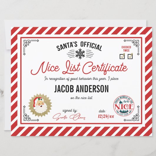 Personalized Official Santa Nice List Certificate (Vorderseite)