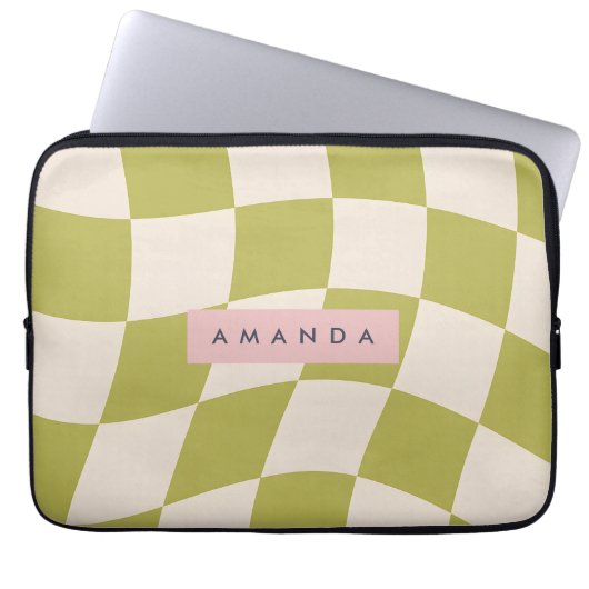 Personalized Olive Green Retro Checkered Wave Laptopschutzhülle (Vorderseite)