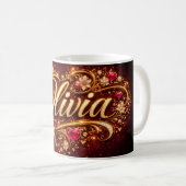 Personalized Olivia Mug Pink Hearts Gold Romantic Kaffeetasse (VorderseiteRechts)