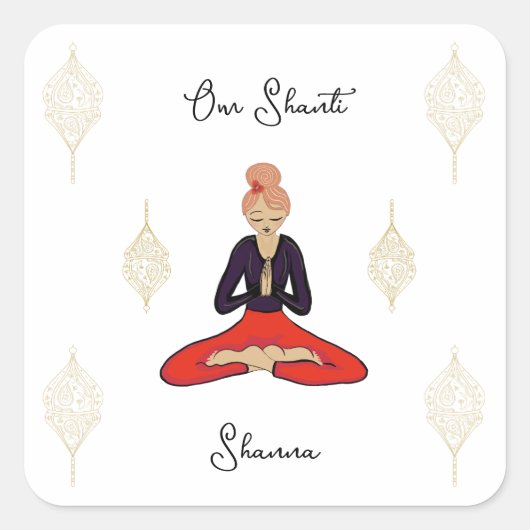 Personalized Om Shanti Yoga Girl Quadratischer Aufkleber (Vorderseite)