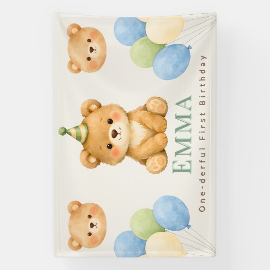 Personalized Onederful Bear First Birthday Banner (Vertikal)