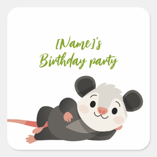 Personalized Opossum Birthday Party Quadratischer Aufkleber (Vorderseite)