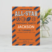 Personalized Orange and Blue Basketball Birthday  Einladung (Stehend Vorderseite)