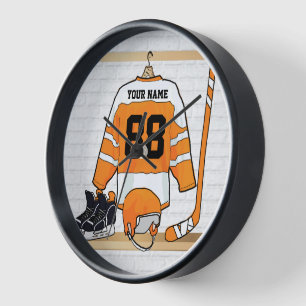 Personalized Orange and White Ice Hockey Jersey Wanduhr