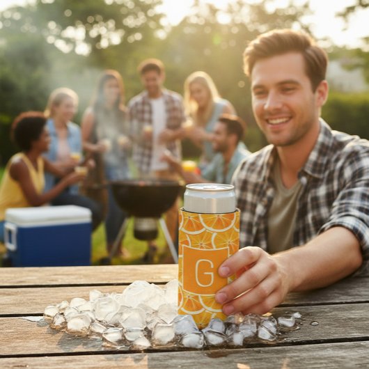 Personalized Orange Citrus Monogram Can Cooler Selters Dosenkühler