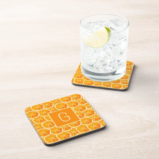 Personalized Orange Citrus Monogram Square Coaster Getränkeuntersetzer (Rechte Seite)